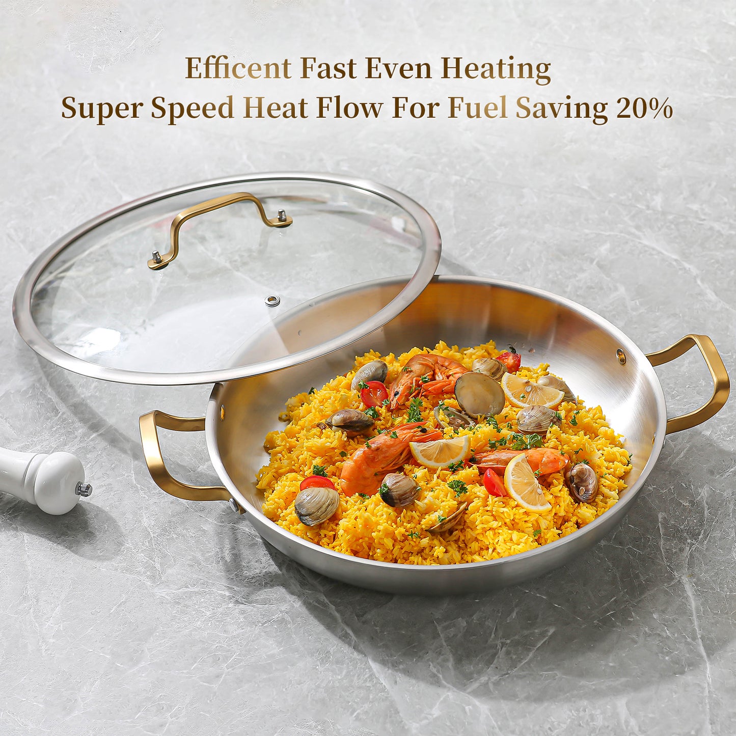 DELARLO 14 Inch Paella Pan With Lid,Premium Tri-Ply Stainless Steel, Extra Large Cooking Surface for Fast & Even Heating, Perfect for Family Kitchens & Outdoor Camping Adventures