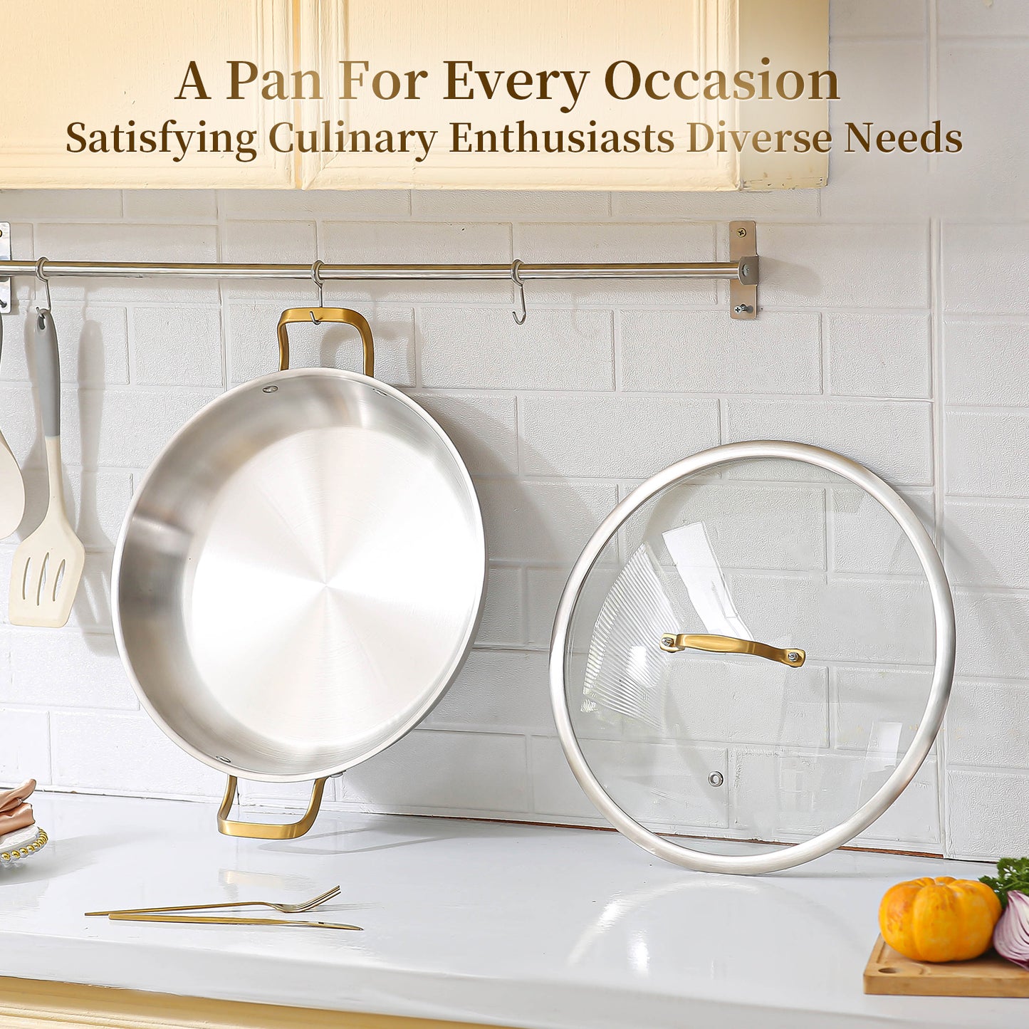 DELARLO 14 Inch Paella Pan With Lid,Premium Tri-Ply Stainless Steel, Extra Large Cooking Surface for Fast & Even Heating, Perfect for Family Kitchens & Outdoor Camping Adventures