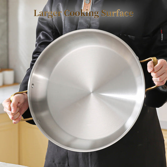 DELARLO 14 Inch Paella Pan With Lid,Premium Tri-Ply Stainless Steel, Extra Large Cooking Surface for Fast & Even Heating, Perfect for Family Kitchens & Outdoor Camping Adventures