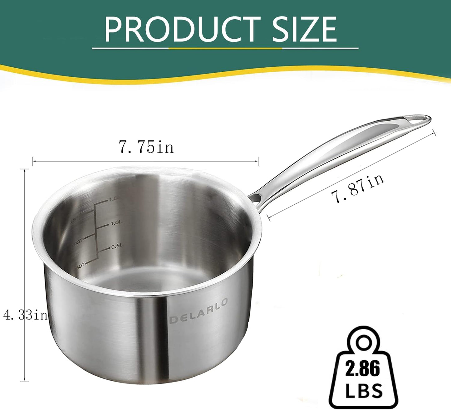 DELARLO Tri-Ply Stainless Steel 2.5QT induction Cooking Small Saucepan With Lid,Heavy Bottom milk pan
