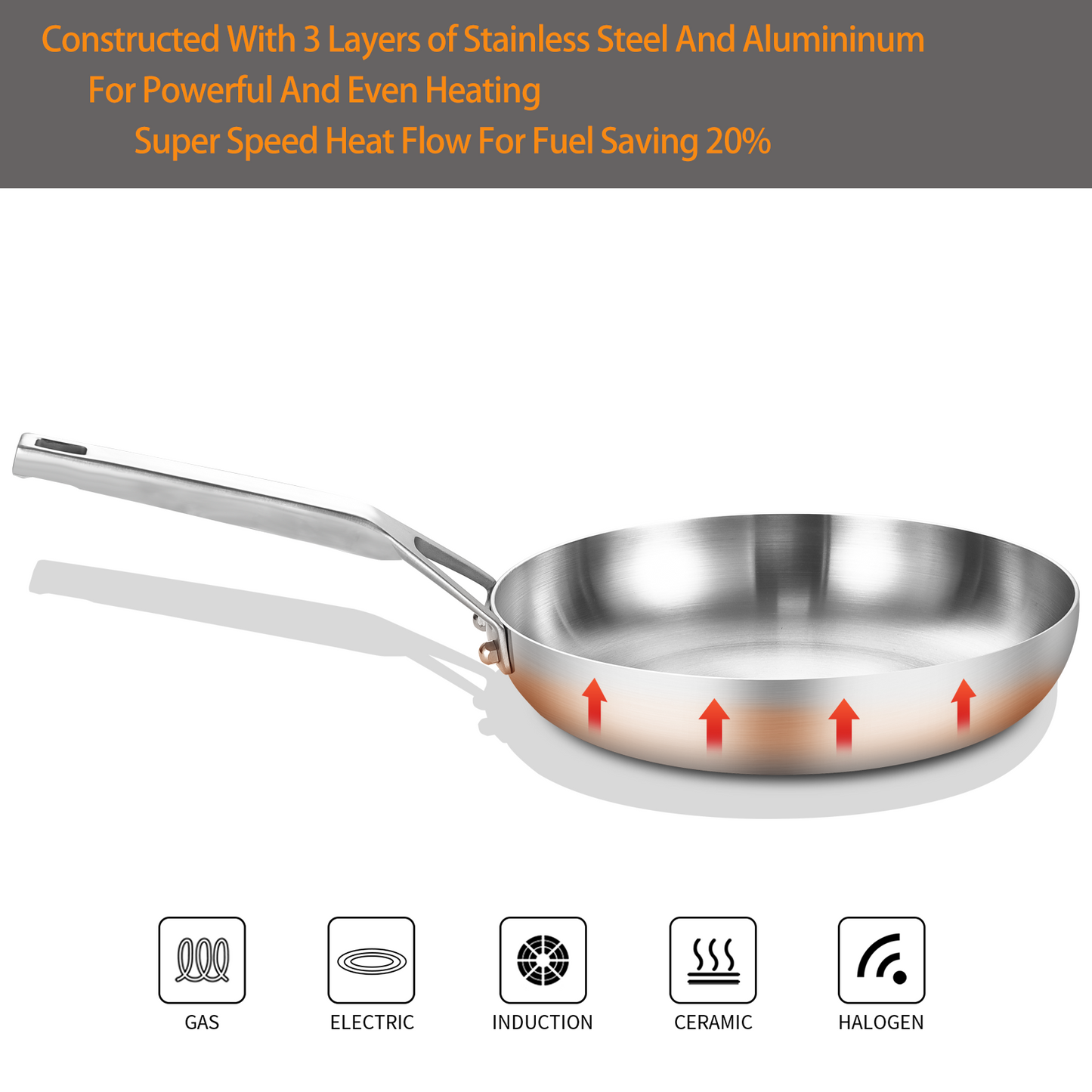 Delarlo 12'' Oven Safe Stainless Steel Frying Pan with Lid