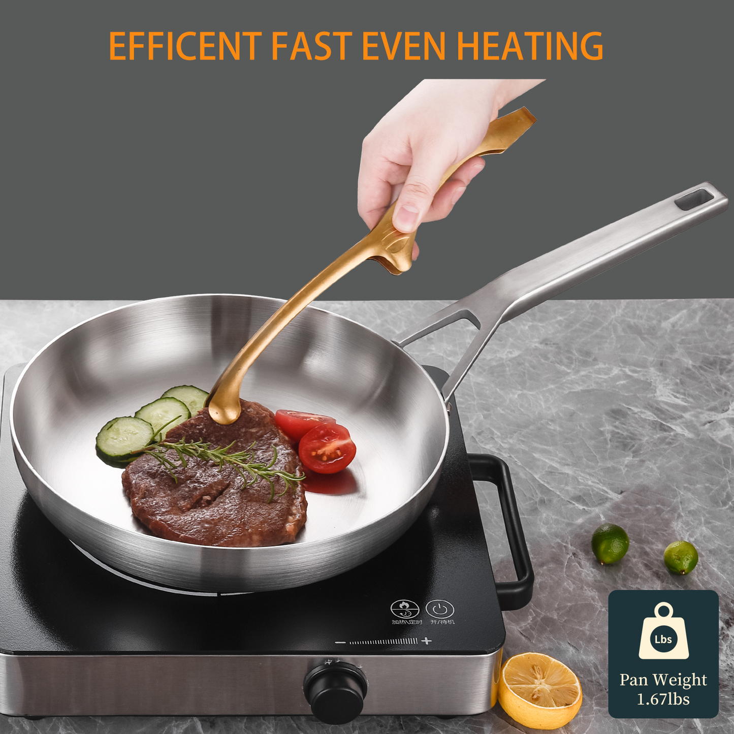 Delarlo 12'' Oven Safe Stainless Steel Frying Pan with Lid
