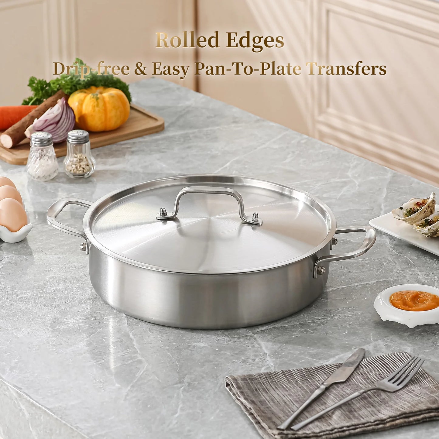 DELARLO Tri-Ply Stainless Steel 7 Quart Saute Pan with Lid Induction Rondeau Pot With Lid 12inch Deep Frying Pan Large Heavy Duty Style Compatible With All Cooktops Up to 500℉