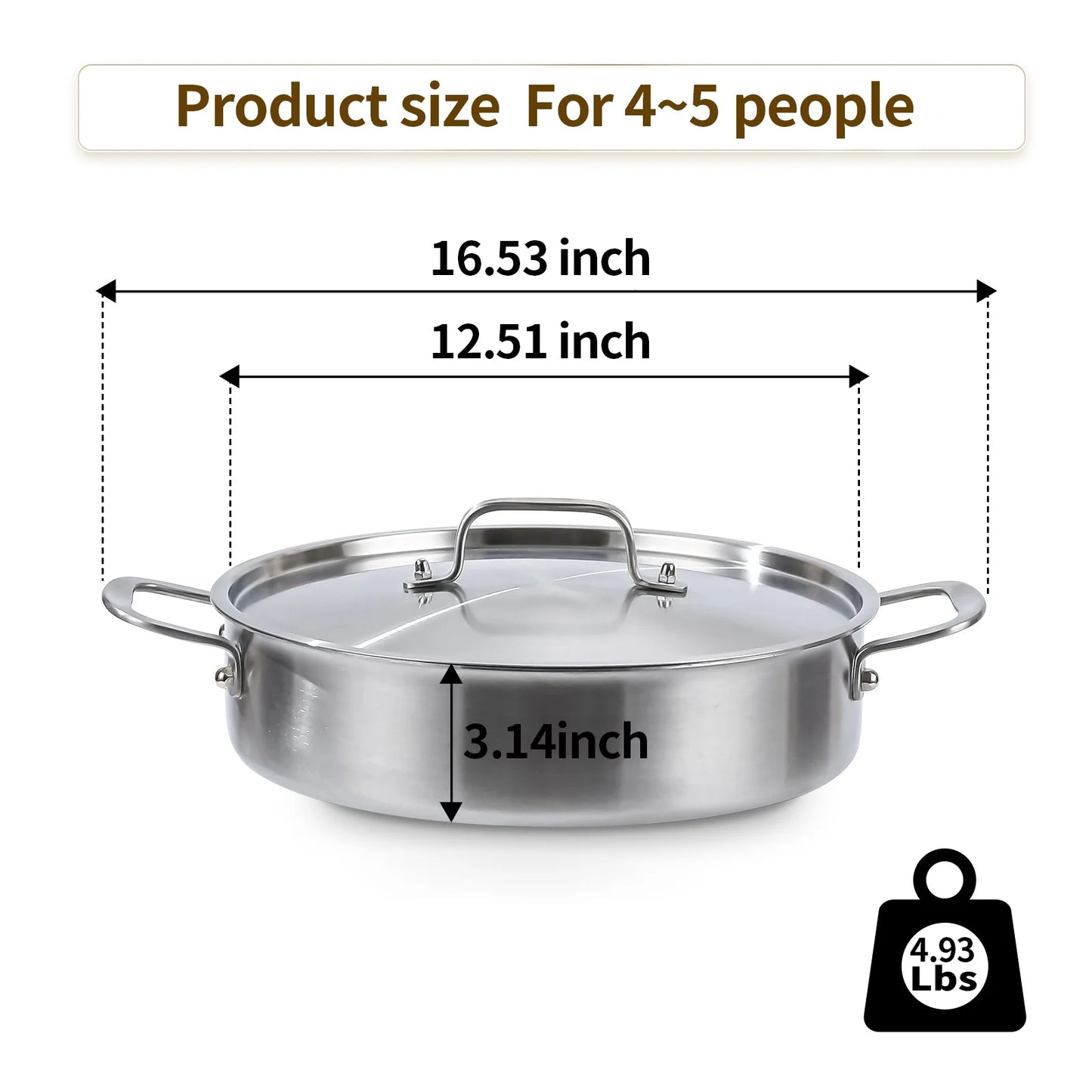 DELARLO Tri-Ply Stainless Steel 5 Quart Saute Pan with Lid Induction Rondeau Pot With Lid 12inch Deep Frying Pan Large Heavy Duty Style Compatible With All Cooktops Up to 500℉