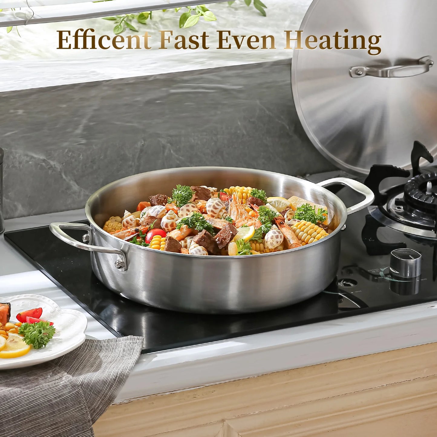 DELARLO Tri-Ply Stainless Steel 7 Quart Saute Pan with Lid Induction Rondeau Pot With Lid 12inch Deep Frying Pan Large Heavy Duty Style Compatible With All Cooktops Up to 500℉