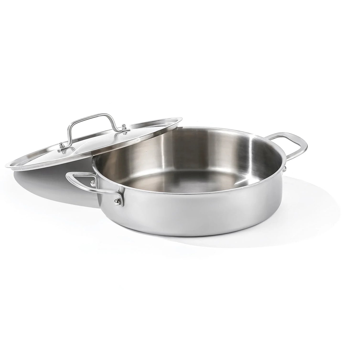 DELARLO Tri-Ply Stainless Steel 7 Quart Saute Pan with Lid Induction Rondeau Pot With Lid 12inch Deep Frying Pan Large Heavy Duty Style Compatible With All Cooktops Up to 500℉