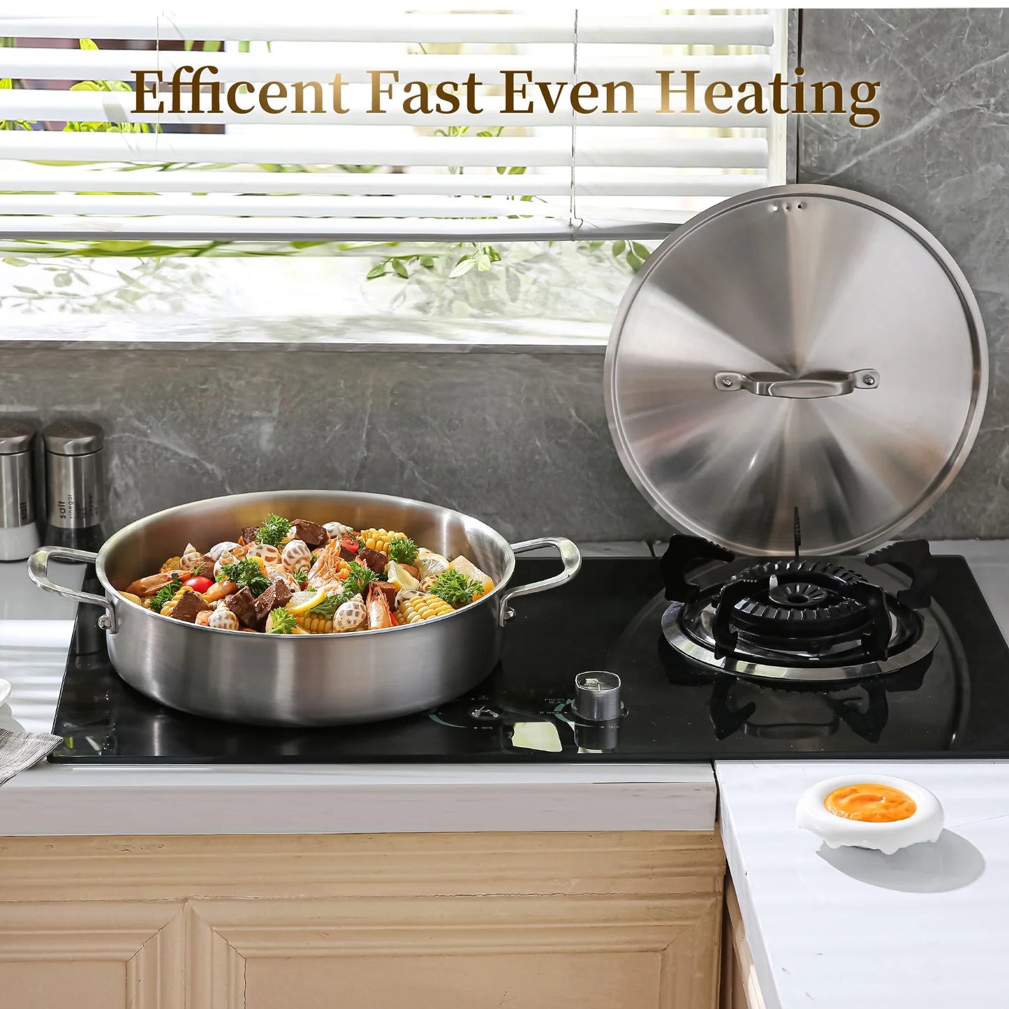 DELARLO Tri-Ply Stainless Steel 7 Quart Saute Pan with Lid Induction Rondeau Pot With Lid 12inch Deep Frying Pan Large Heavy Duty Style Compatible With All Cooktops Up to 500℉