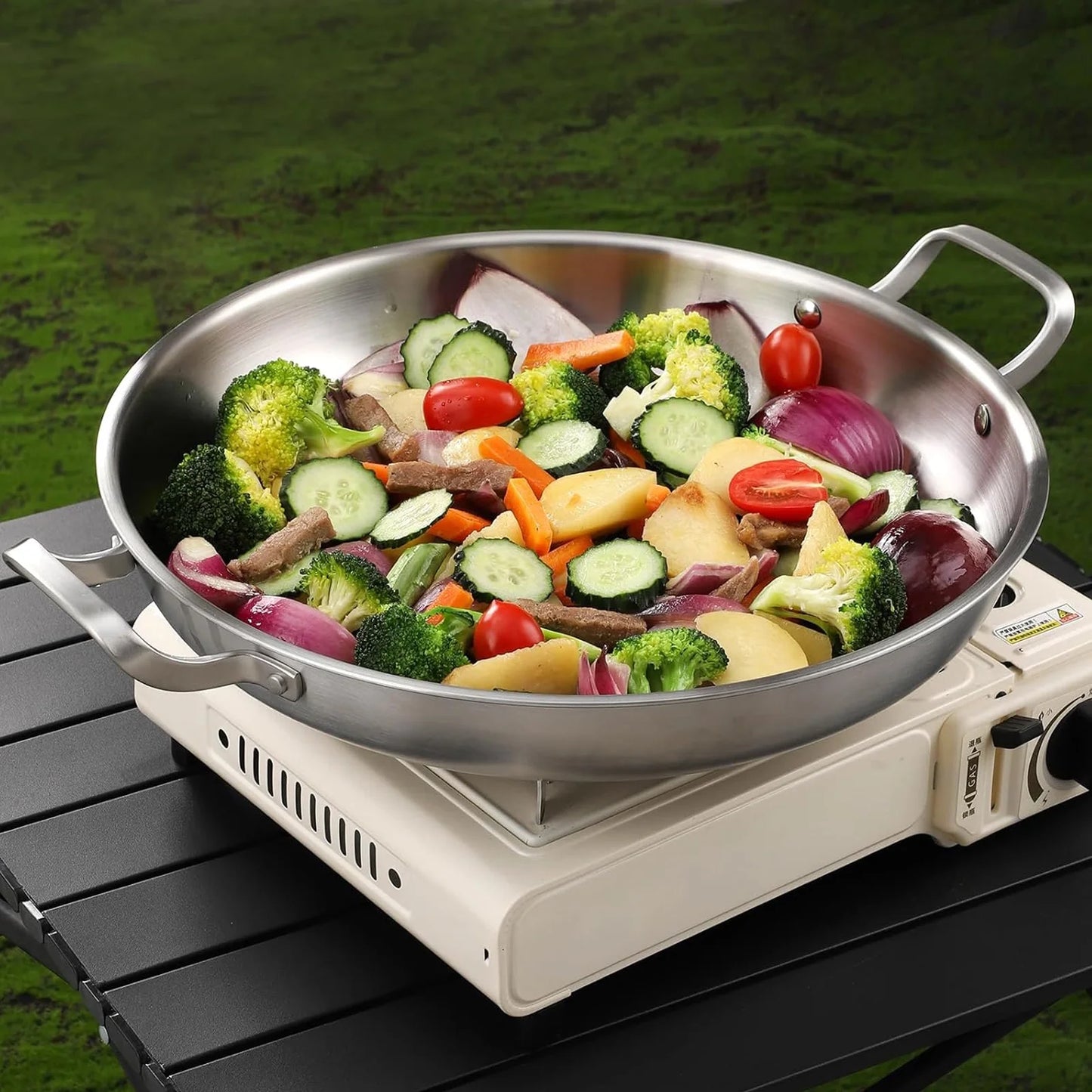 DELARLO Paella Pan 14 Inch Tri-Ply Stainless Steel Paella Pan with Lid, Jumbo 14 in Frying Pan, kitchen Induction Large Skillets,Heavy Duty Style