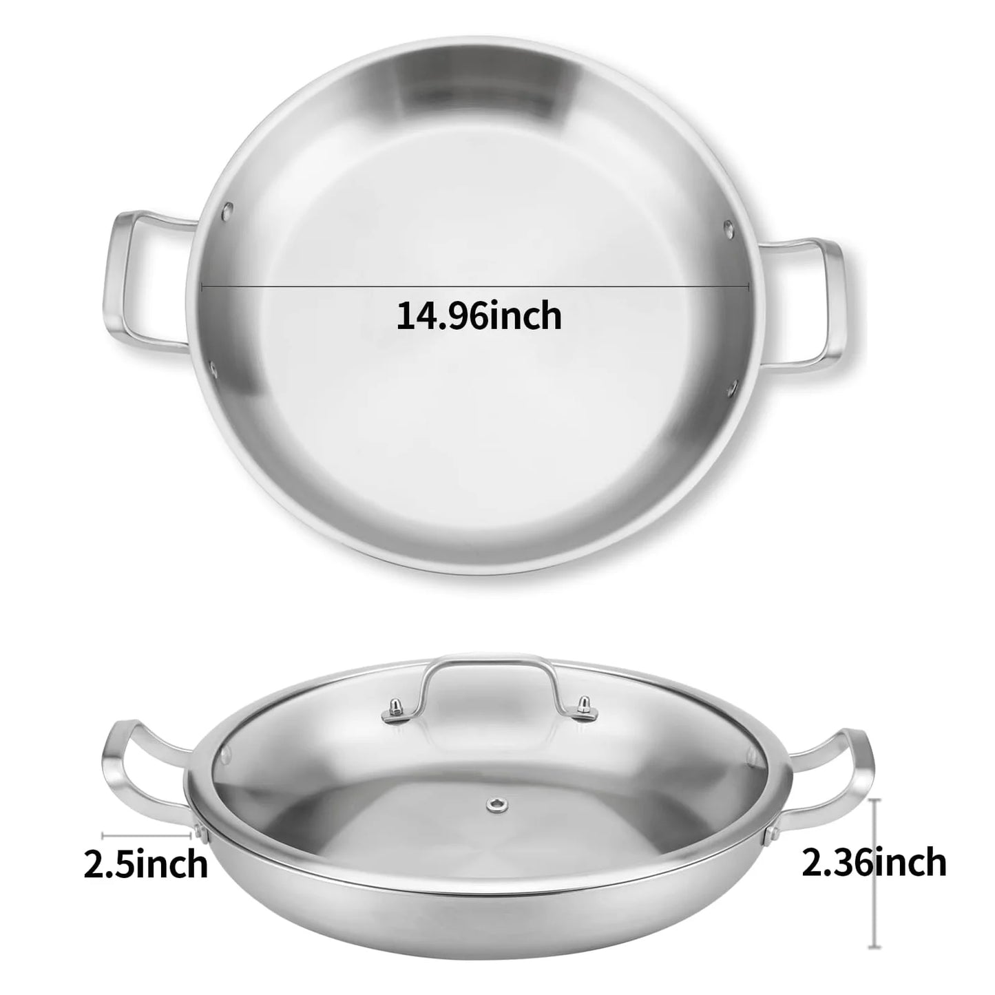 DELARLO Paella Pan 14 Inch Tri-Ply Stainless Steel Paella Pan with Lid, Jumbo 14 in Frying Pan, kitchen Induction Large Skillets,Heavy Duty Style