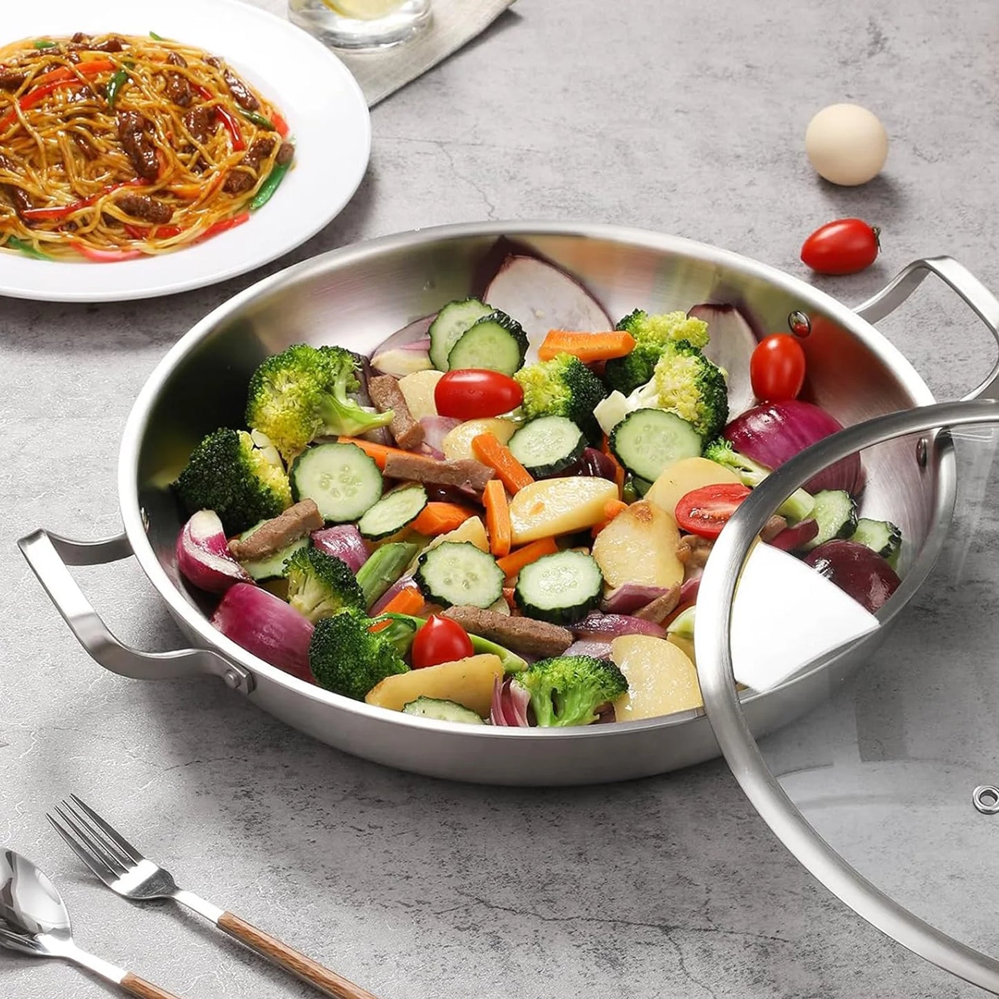 DELARLO Paella Pan 14 Inch Tri-Ply Stainless Steel Paella Pan with Lid, Jumbo 14 in Frying Pan, kitchen Induction Large Skillets,Heavy Duty Style