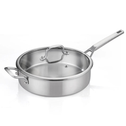 DELARLO Tri-Ply Stainless Steel 6QT Saute Pan with lid 12 Inch Deep Frying Pan, Large Skillet Cooking Pan Induction Compatible Chef Pan, Dishwasher & Oven Safe