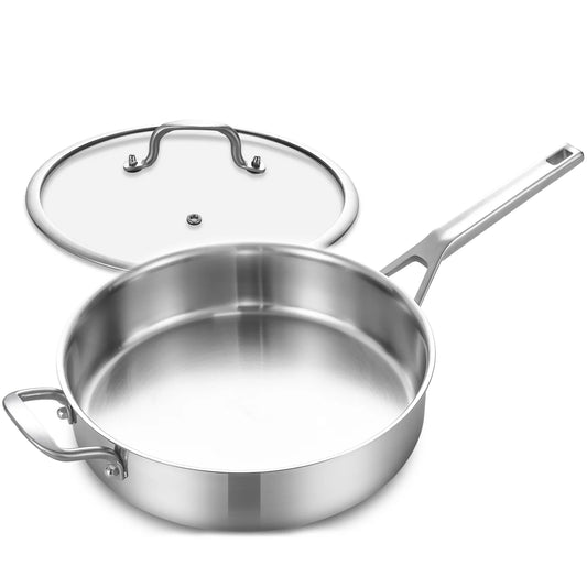DELARLO Tri-Ply Stainless Steel 5QT Saute Pan with lid 12 Inch Deep Frying Pan, Large Skillet Induction Compatible Chef Pan, Dishwasher & Oven Safe