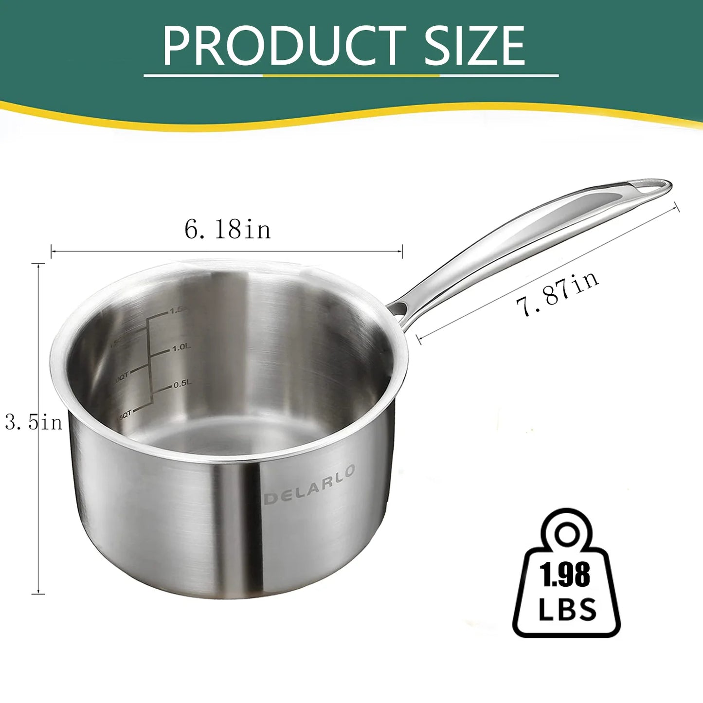 DELARLO Tri-Ply Stainless Steel 2QT induction Cooking Small Saucepan With Lid,Heavy Bottom milk pan,Dishwasher Safe & Oven Safe