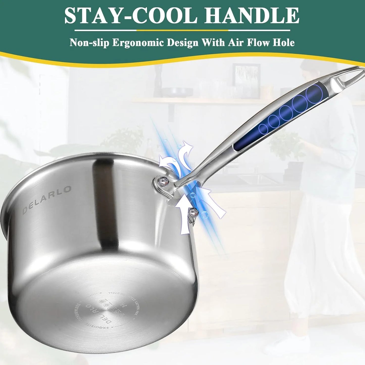 DELARLO Tri-Ply Stainless Steel 2QT induction Cooking Small Saucepan With Lid,Heavy Bottom milk pan,Dishwasher Safe & Oven Safe
