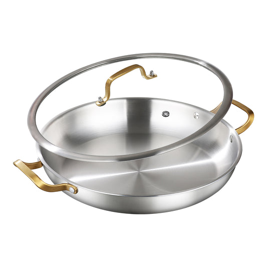DELARLO 14 Inch Paella Pan With Lid,Premium Tri-Ply Stainless Steel, Extra Large Cooking Surface for Fast & Even Heating, Perfect for Family Kitchens & Outdoor Camping Adventures