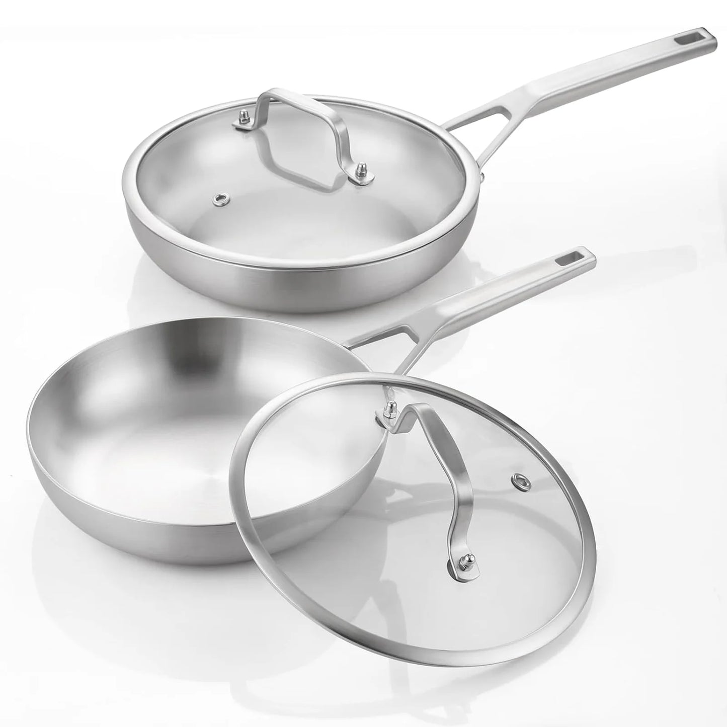 DELARLO Tri-Ply Stainless Steel 10inch and 12inch Frying Pan Set With Lid, Kitchen Skillets,Chef's Pan Dishwasher and Oven Safe
