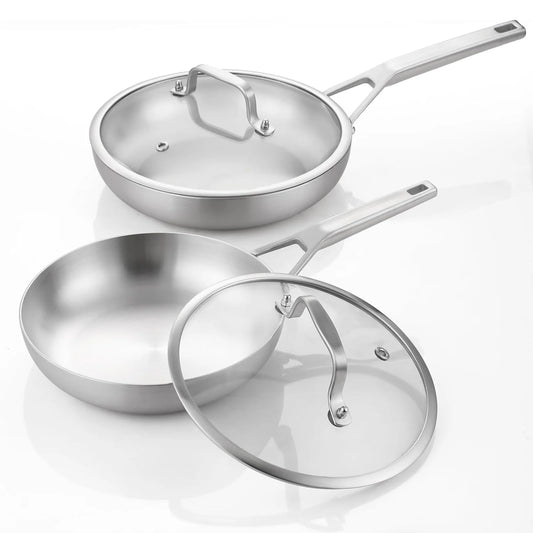 DELARLO Tri-Ply Stainless Steel 10inch and 12inch Frying Pan Set With Lid, Kitchen Skillets,Chef's Pan Dishwasher and Oven Safe
