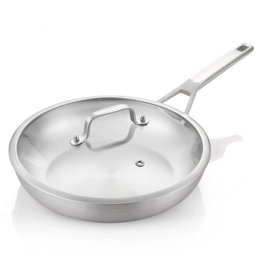 DELARLO Tri-Ply Stainless Steel 10inch Frying Pan with lid, Oven safe induction skillet,Suitable for All Stove