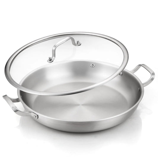DELARLO Paella Pan 14 Inch Tri-Ply Stainless Steel Paella Pan with Lid, Jumbo 14 in Frying Pan, kitchen Induction Large Skillets,Heavy Duty Style