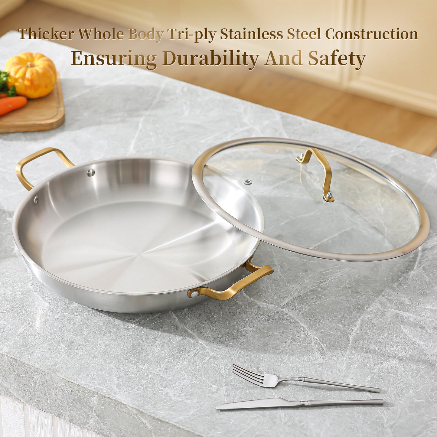 DELARLO 14 Inch Paella Pan With Lid,Premium Tri-Ply Stainless Steel, Extra Large Cooking Surface for Fast & Even Heating, Perfect for Family Kitchens & Outdoor Camping Adventures