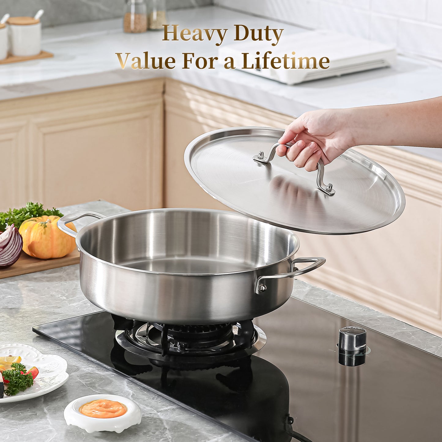 DELARLO Tri-Ply Stainless Steel 5 Quart Braiser Pan with Lid Induction Rondeau Pot With Lid 12inch Deep Frying Pan Large Saute Pan Heavy Duty Style Compatible With All Cooktops Up to 650℉