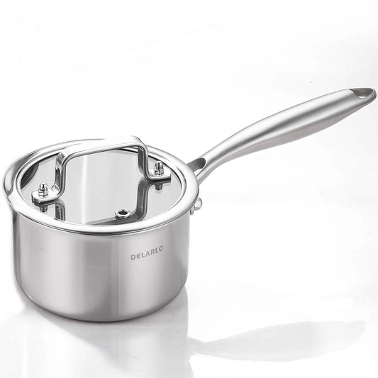 DELARLO Tri-Ply Stainless Steel 2QT induction Cooking Small Saucepan With Lid,Heavy Bottom milk pan,Dishwasher Safe & Oven Safe