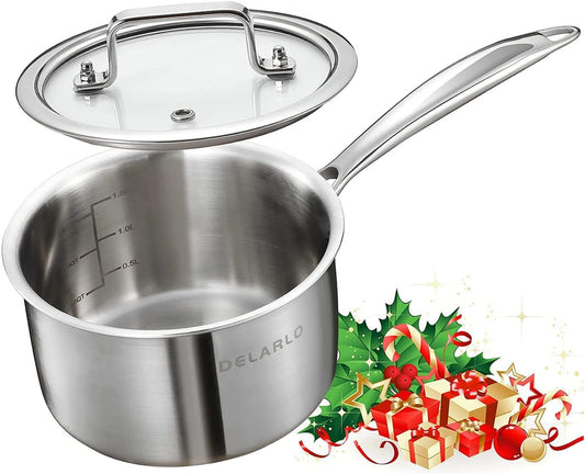 DELARLO Tri-Ply Stainless Steel 2.5QT induction Cooking Small Saucepan With Lid,Heavy Bottom milk pan