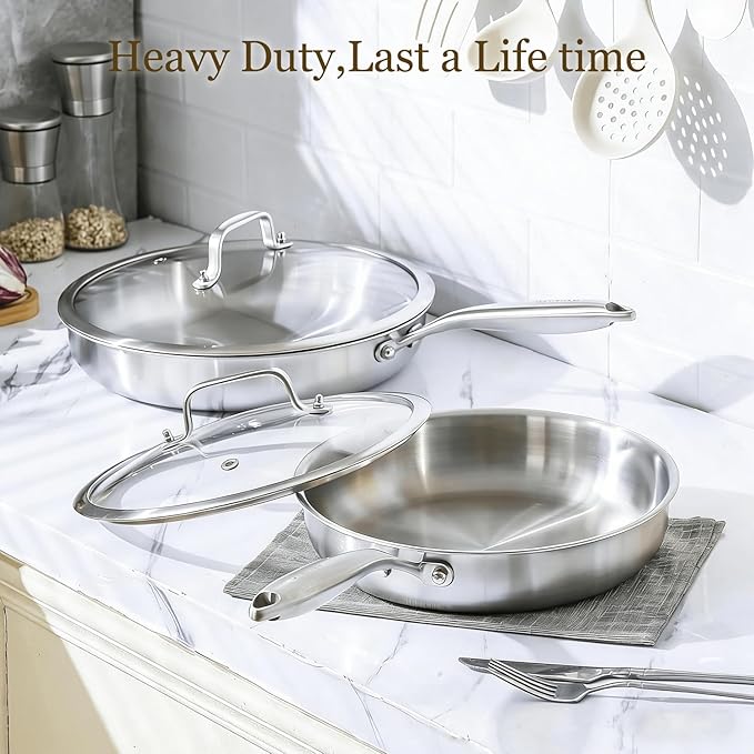 28cm Tri-Ply Stainless Steel Frying Pan | Non-Toxic PFAS-Free Uncoated Induction Skillet, Oven Safe, Fast Even Heat for Steak, Eggs and Vegetables
