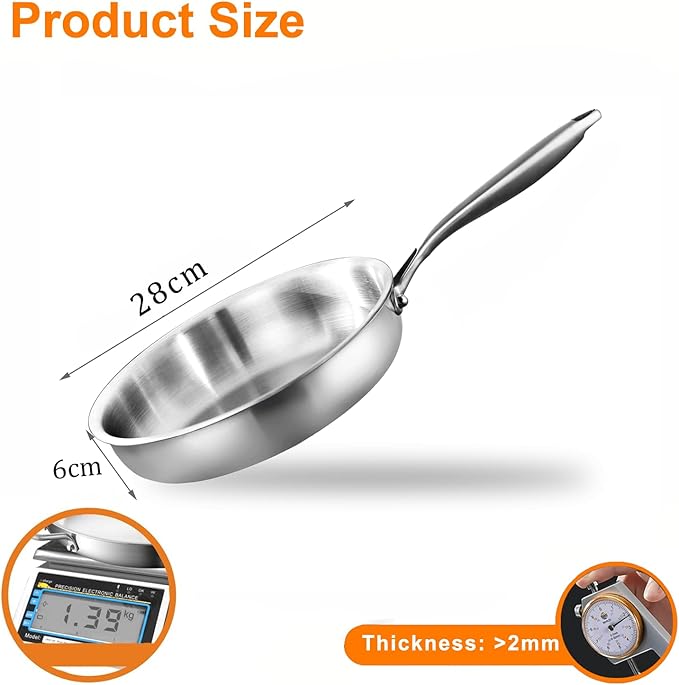 28cm Tri-Ply Stainless Steel Frying Pan | Non-Toxic PFAS-Free Uncoated Induction Skillet, Oven Safe, Fast Even Heat for Steak, Eggs and Vegetables