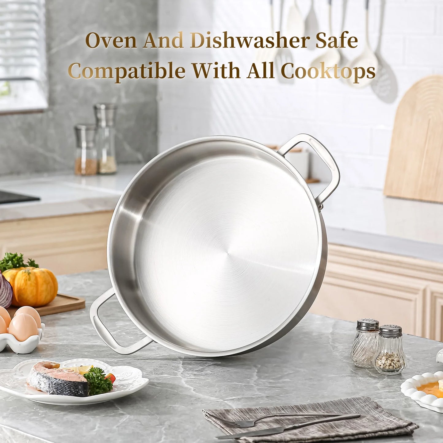 DELARLO Tri-Ply Stainless Steel 5 Quart Saute Pan with Lid Induction Rondeau Pot With Lid 12inch Deep Frying Pan Large Heavy Duty Style Compatible With All Cooktops Up to 500℉