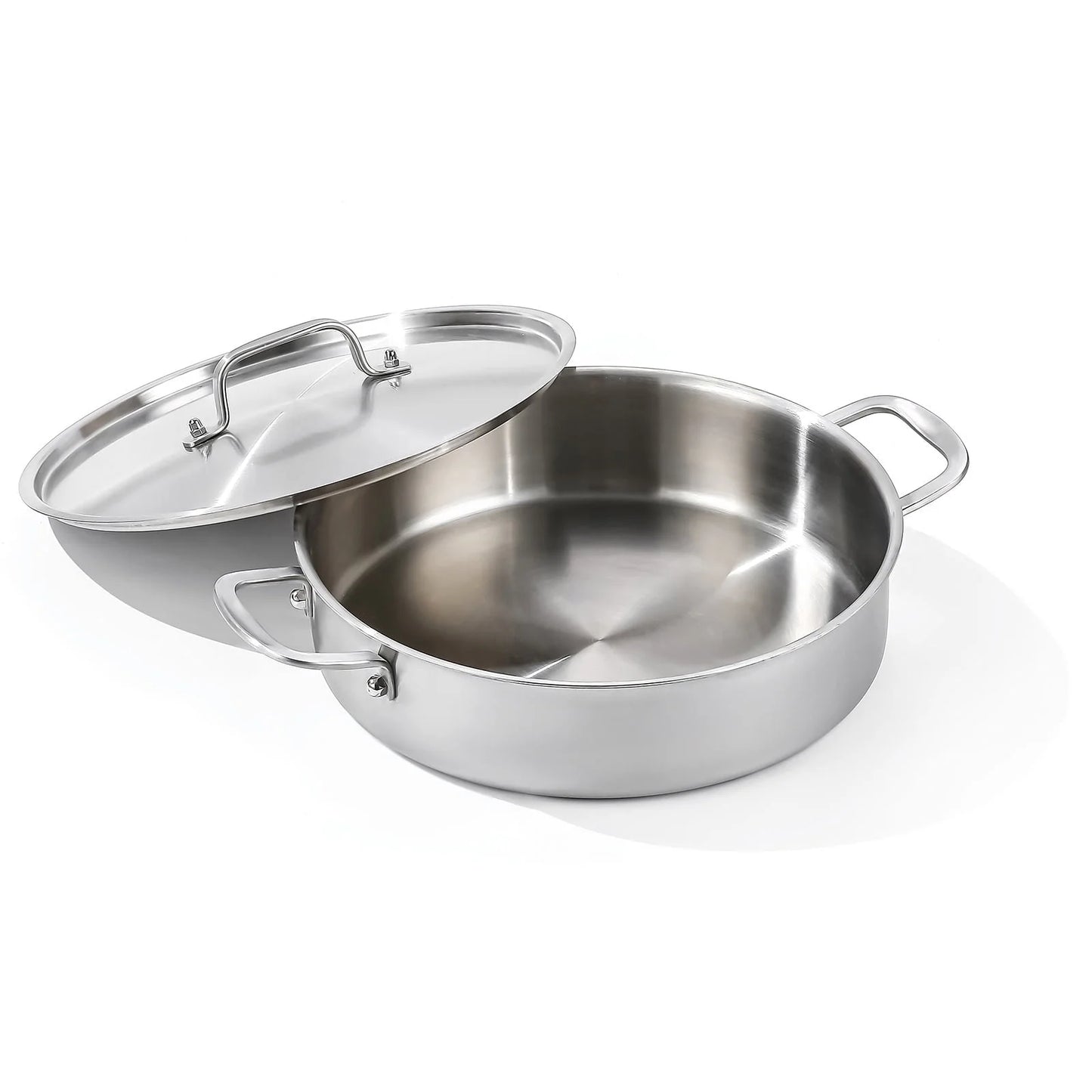 DELARLO Tri-Ply Stainless Steel 5 Quart Saute Pan with Lid Induction Rondeau Pot With Lid 12inch Deep Frying Pan Large Heavy Duty Style Compatible With All Cooktops Up to 500℉