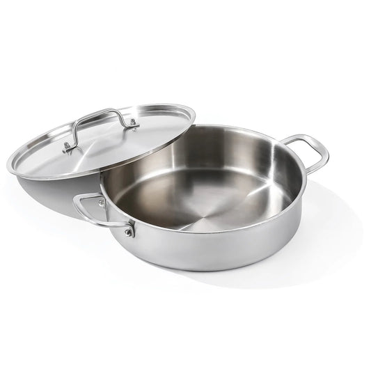 DELARLO Tri-Ply Stainless Steel 5 Quart Saute Pan with Lid Induction Rondeau Pot With Lid 12inch Deep Frying Pan Large Heavy Duty Style Compatible With All Cooktops Up to 500℉