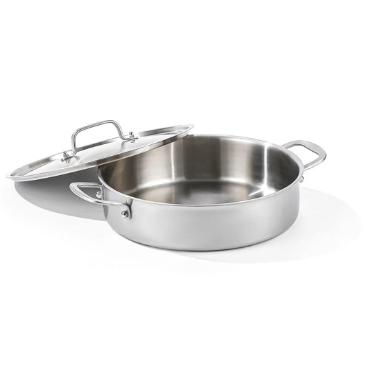 DELARLO Tri-Ply Stainless Steel 6 Quart Saute Pan with Lid Induction Rondeau Pot With Lid 12inch Deep Frying Pan Large Heavy Duty Style Compatible With All Cooktops Up to 500℉