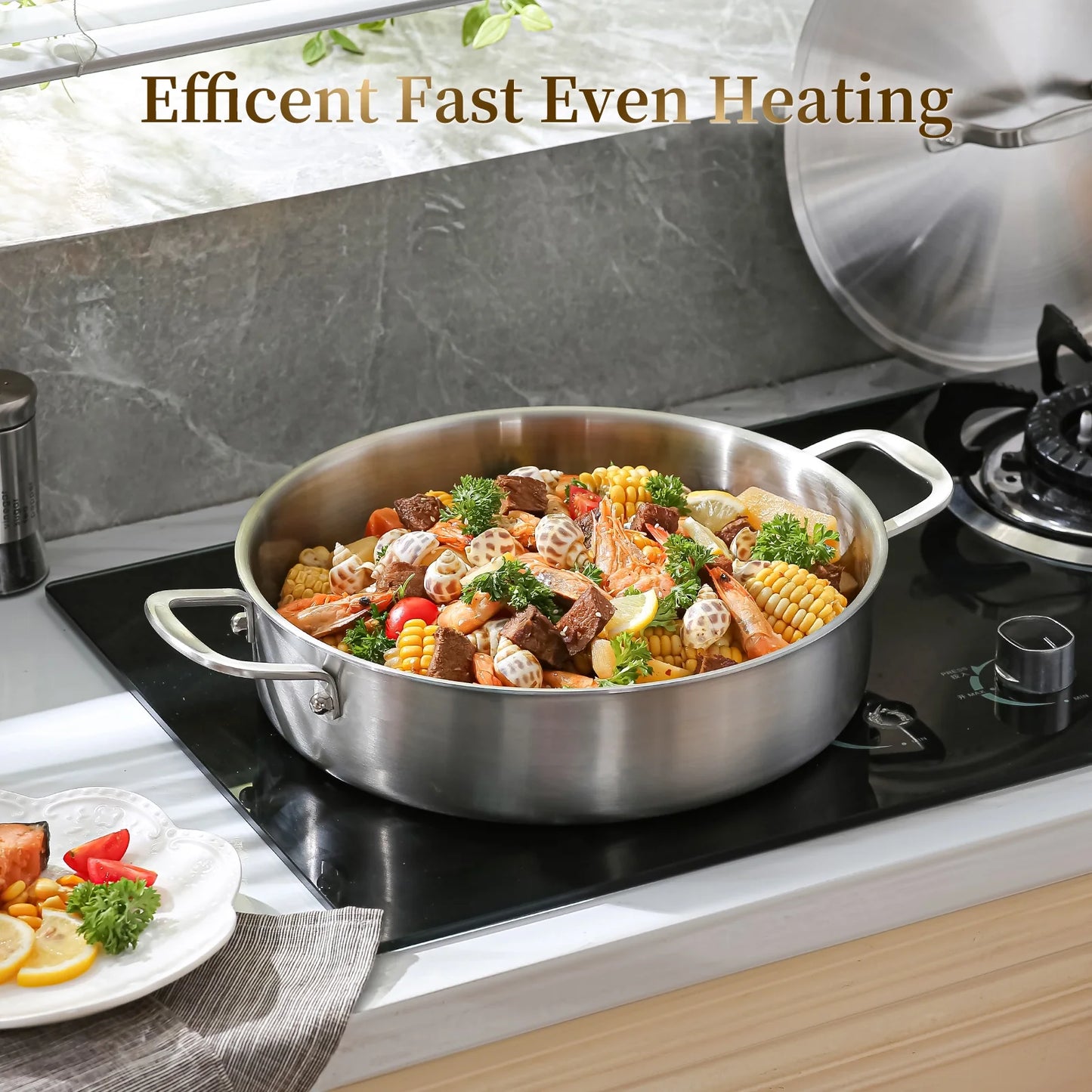 DELARLO Tri-Ply Stainless Steel 6 Quart Saute Pan with Lid Induction Rondeau Pot With Lid 12inch Deep Frying Pan Large Heavy Duty Style Compatible With All Cooktops Up to 500℉