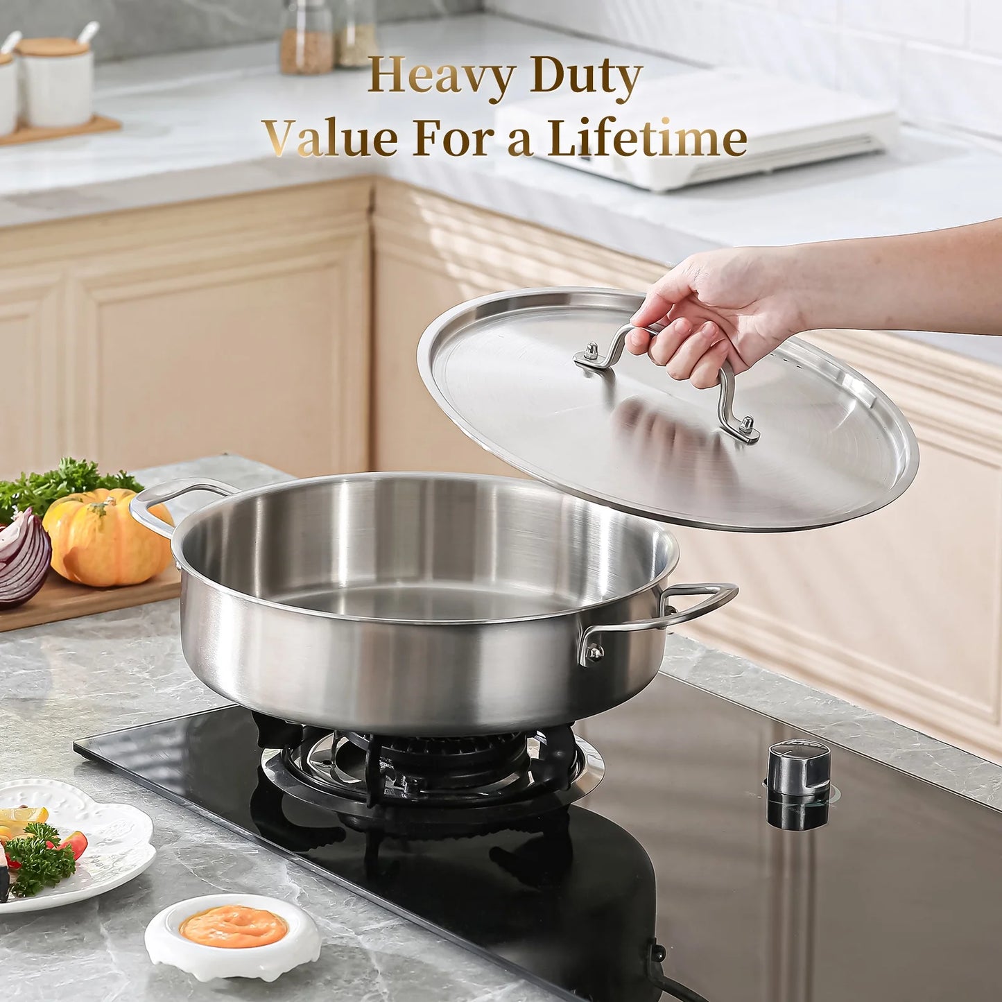DELARLO Tri-Ply Stainless Steel 6 Quart Saute Pan with Lid Induction Rondeau Pot With Lid 12inch Deep Frying Pan Large Heavy Duty Style Compatible With All Cooktops Up to 500℉