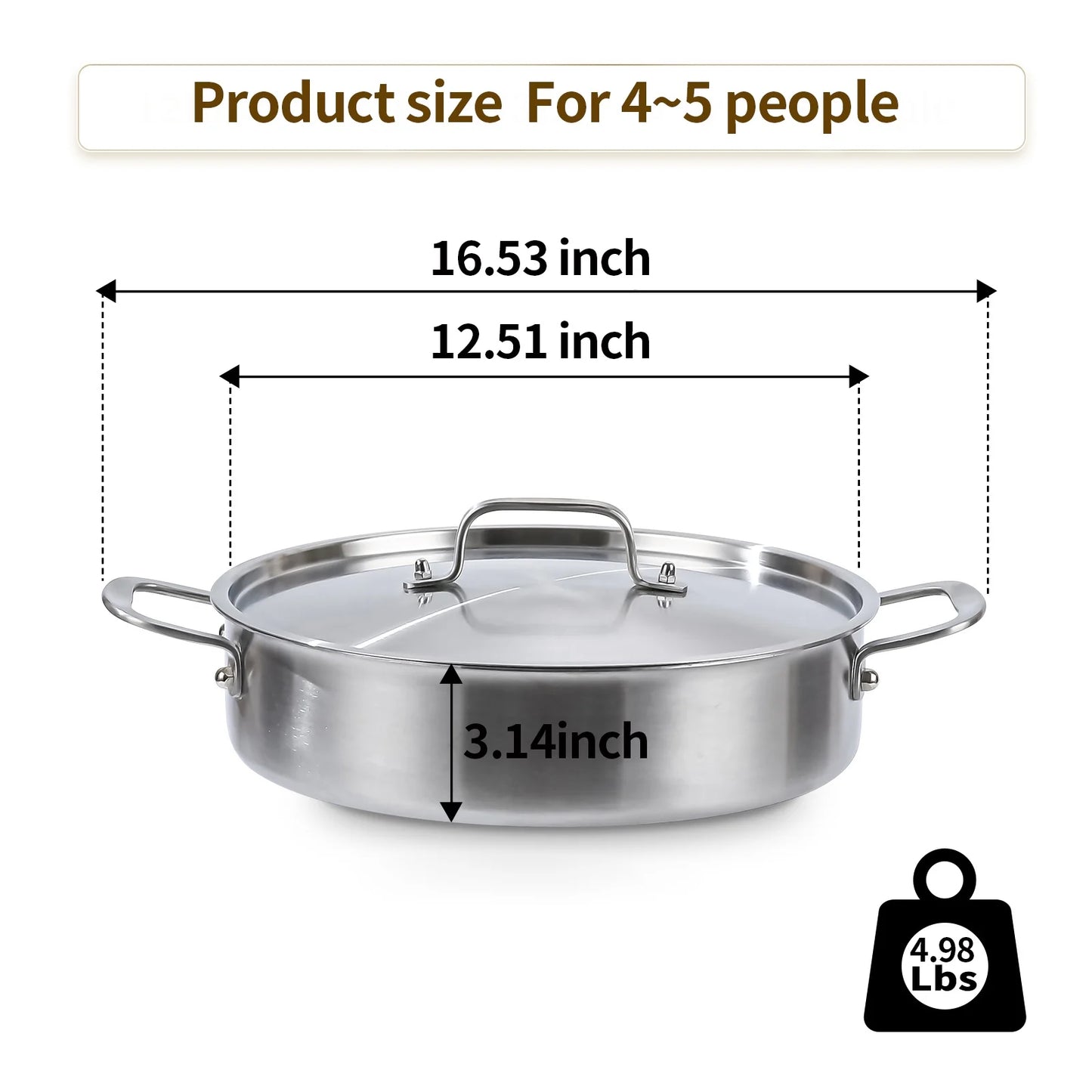 DELARLO Tri-Ply Stainless Steel 6 Quart Saute Pan with Lid Induction Rondeau Pot With Lid 12inch Deep Frying Pan Large Heavy Duty Style Compatible With All Cooktops Up to 500℉