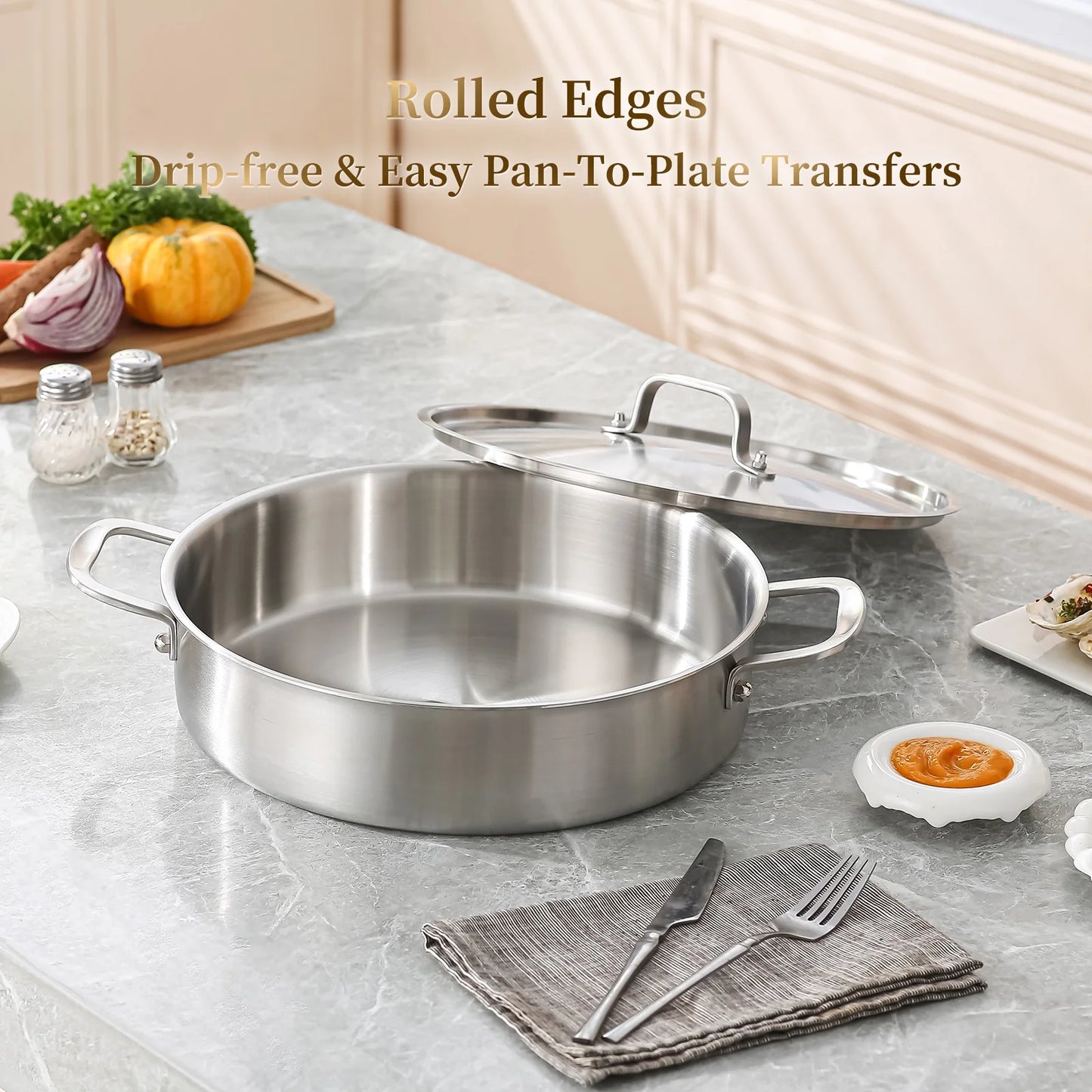 DELARLO Tri-Ply Stainless Steel 6 Quart Saute Pan with Lid Induction Rondeau Pot With Lid 12inch Deep Frying Pan Large Heavy Duty Style Compatible With All Cooktops Up to 500℉