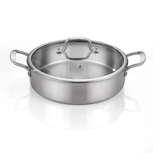 DELARLO Tri-Ply Stainless Steel 6QT Saute Pan with lid Double handle 12 Inch Deep Frying Pan, Large Skillet Cooking Pan Induction Compatible Chef Pan, Dishwasher & Oven Safe