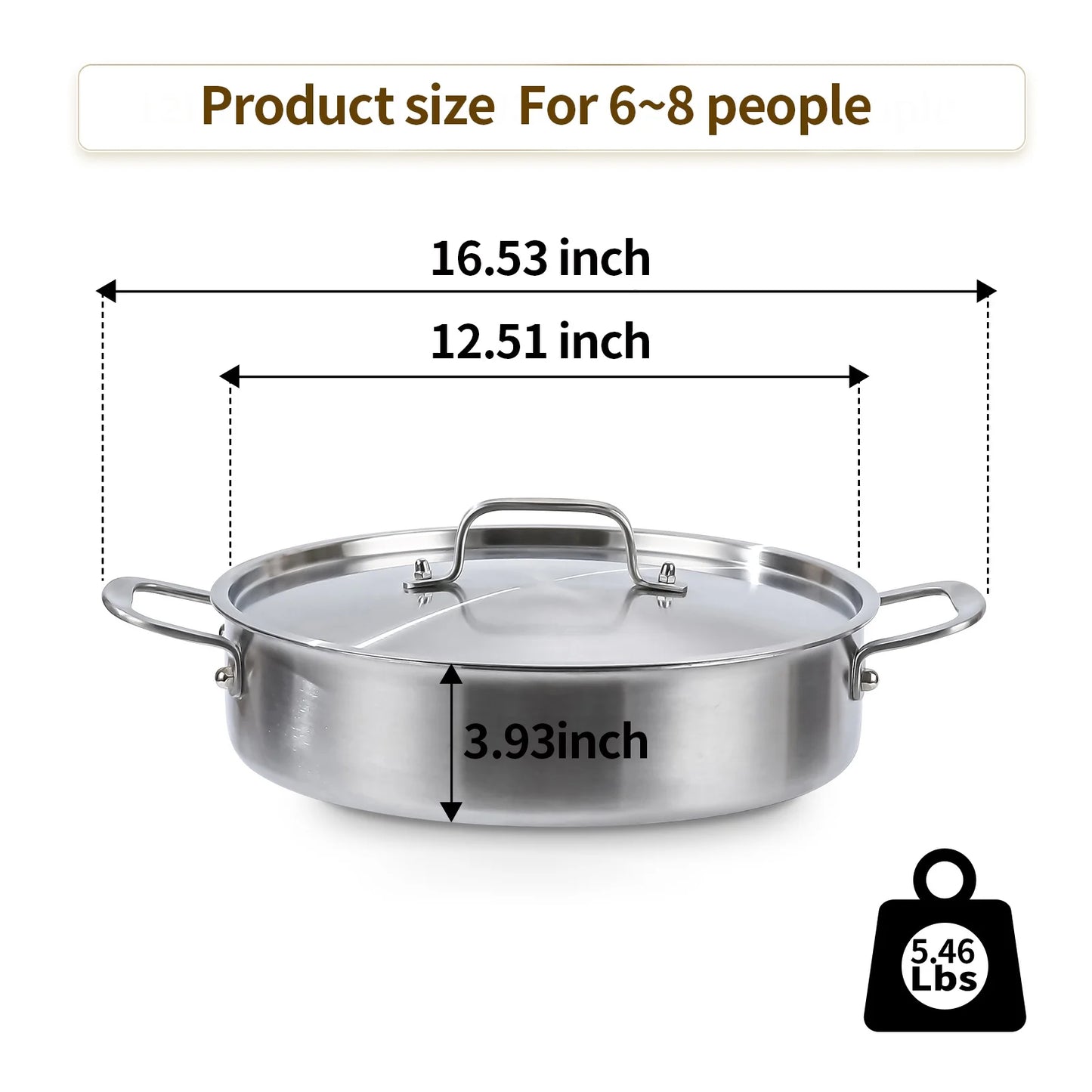 DELARLO Tri-Ply Stainless Steel 7 Quart Saute Pan with Lid Induction Rondeau Pot With Lid 12inch Deep Frying Pan Large Heavy Duty Style Compatible With All Cooktops Up to 500℉