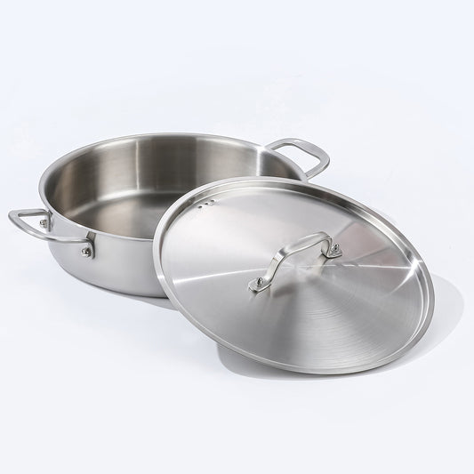 DELARLO Tri-Ply Stainless Steel 5 Quart Braiser Pan with Lid Induction Rondeau Pot With Lid 12inch Deep Frying Pan Large Saute Pan Heavy Duty Style Compatible With All Cooktops Up to 650℉